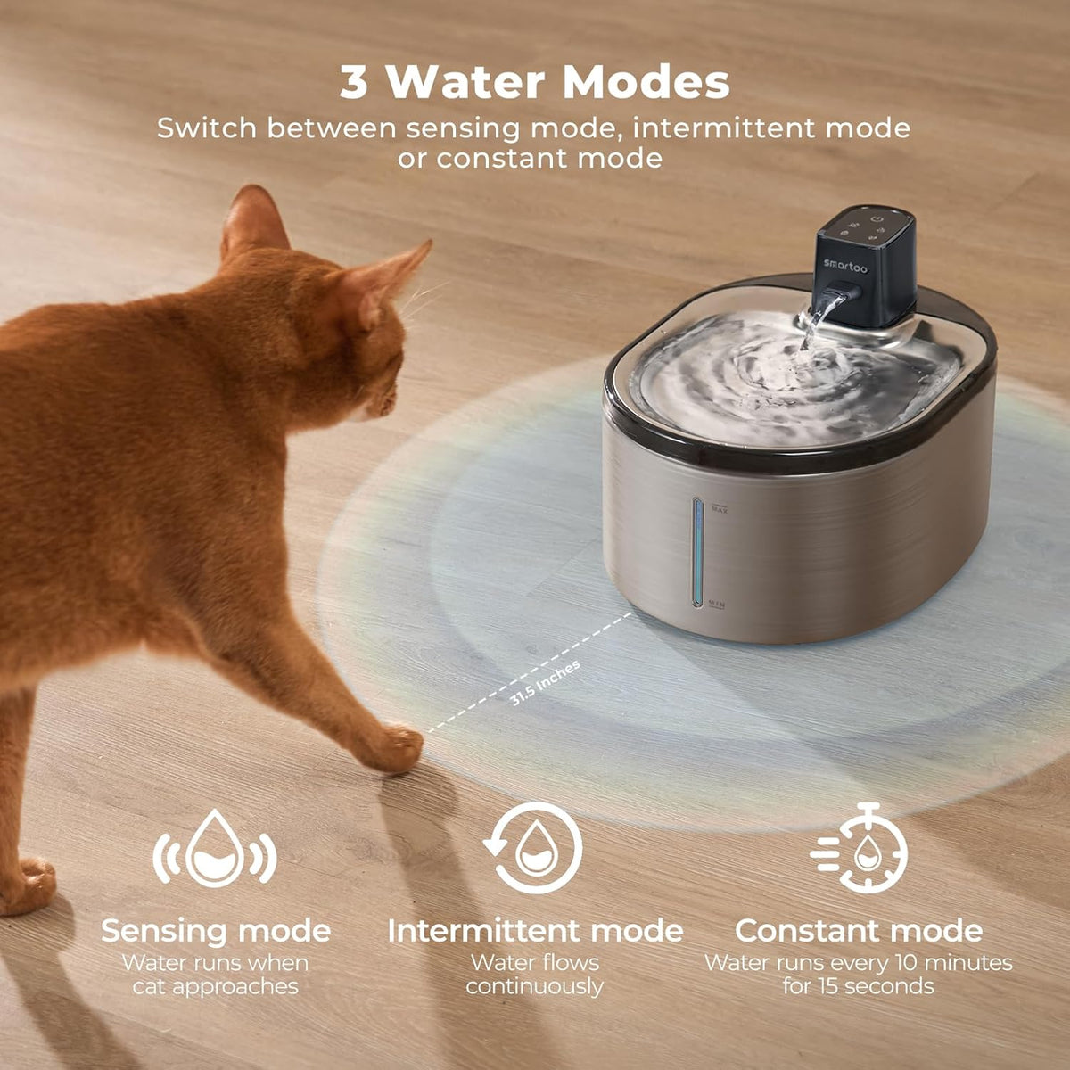 Stainless Steel Wireless Cat Water Fountain, 152 Oz (4.5L) Capacity